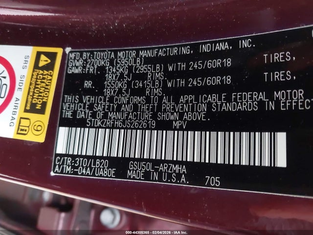 5TDKZRFH6JS262619 Toyota Highlander Xle