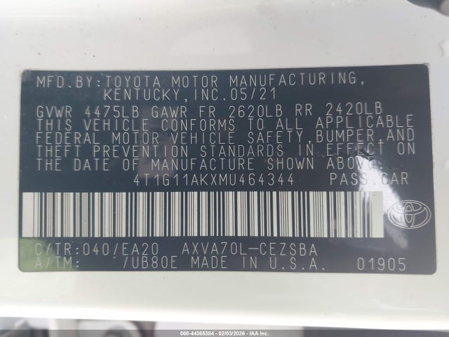4T1G11AKXMU464344 Toyota CAMRY SE