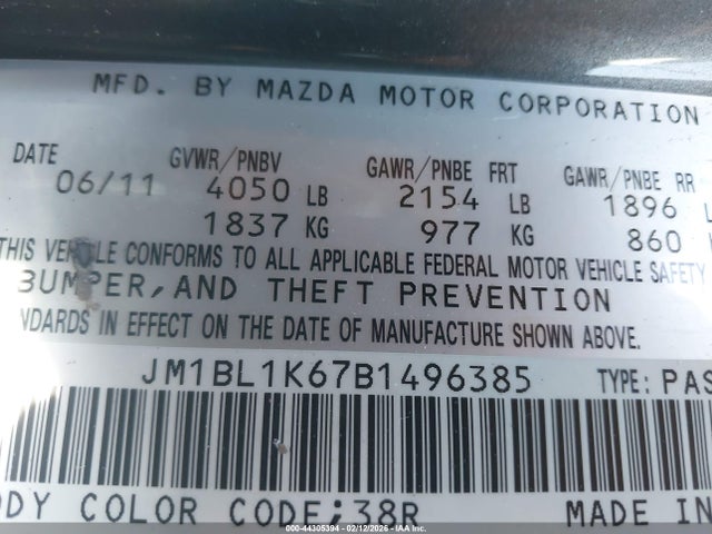 Aukcja sprzedaży 2011 Mazda Mazda3 S Sport, vin: JM1BL1K67B1496385, numer aukcji: 44305394
