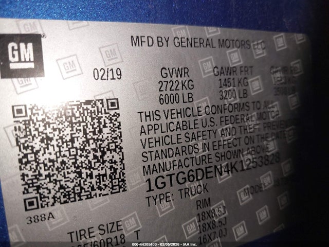 44305400 :رقم المزاد ، 1GTG6DEN4K1253828 vin ، 2019 Gmc Canyon Slt مزاد بيع