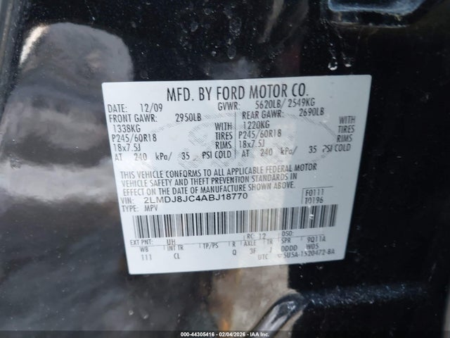 44305416 :رقم المزاد ، 2LMDJ8JC4ABJ18770 vin ، 2010 Lincoln Mkx مزاد بيع