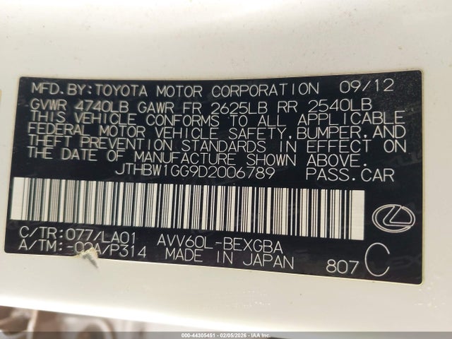 Aukcja sprzedaży 2013 Lexus Es 300h Hybrid, vin: JTHBW1GG9D2006789, numer aukcji: 44305451