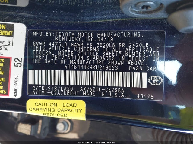 4T1B11HK4KU249023 Toyota CAMRY SE