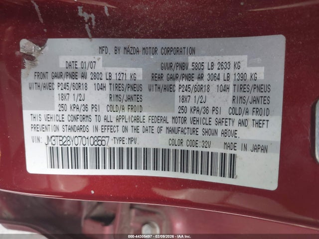 Aukcja sprzedaży 2007 Mazda Cx-9 Touring, vin: JM3TB28Y070108567, numer aukcji: 44305497
