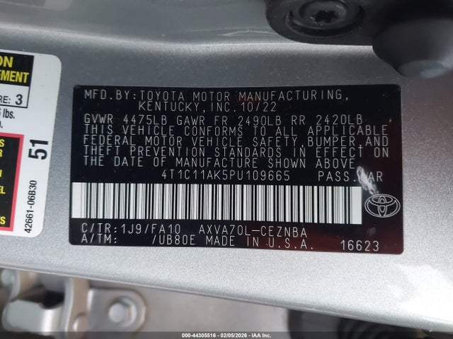 2023 Toyota Camry Le მანქანა იყიდება აუქციონზე, vin: 4T1C11AK5PU109665, აუქციონის ნომერი: 44305516