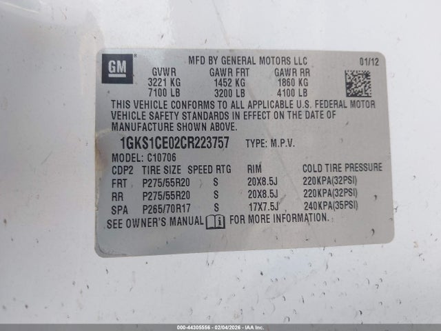2012 Gmc Yukon Slt მანქანა იყიდება აუქციონზე, vin: 1GKS1CE02CR223757, აუქციონის ნომერი: 44305556