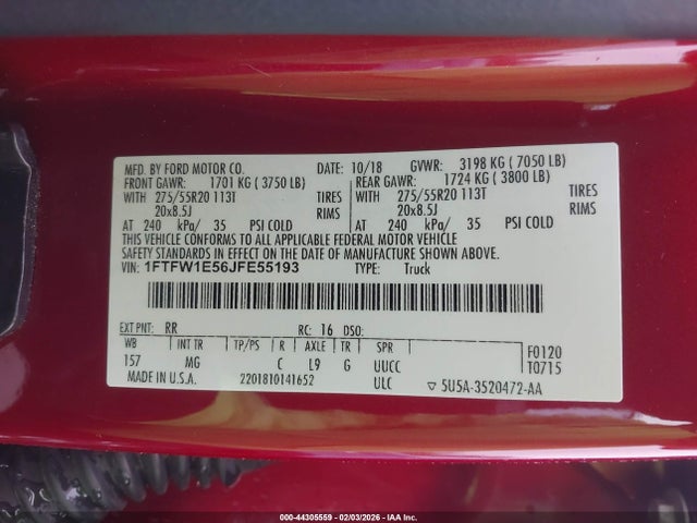 2018 Ford F-150 Xlt მანქანა იყიდება აუქციონზე, vin: 1FTFW1E56JFE55193, აუქციონის ნომერი: 44305559