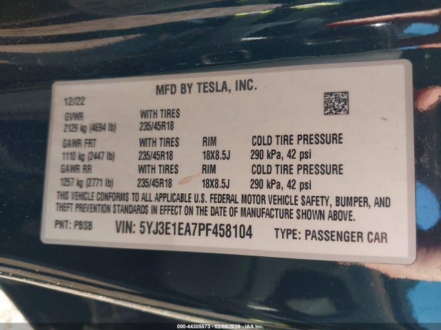 Продажа на аукционе авто 2023 Tesla Model 3 Rear-wheel Drive, vin: 5YJ3E1EA7PF458104, номер лота: 44305573