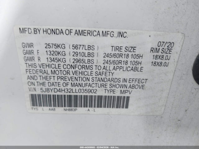 Продаж на аукціоні авто 2020 Acura Mdx Standard, vin: 5J8YD4H32LL035902, номер лоту: 44305585