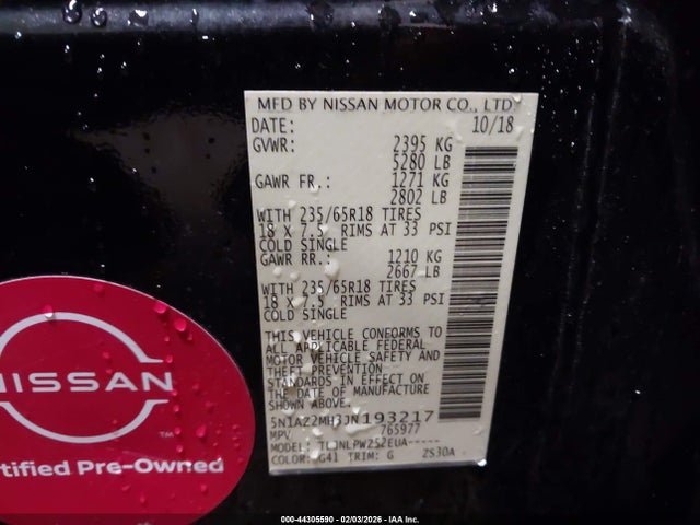 Продаж на аукціоні авто 2018 Nissan Murano S, vin: 5N1AZ2MH3JN193217, номер лоту: 44305590