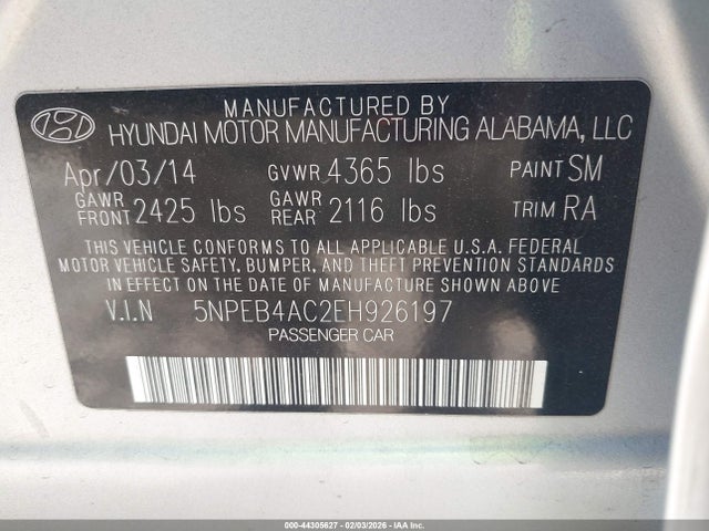 5NPEB4AC2EH926197 Hyundai SONATA GLS
