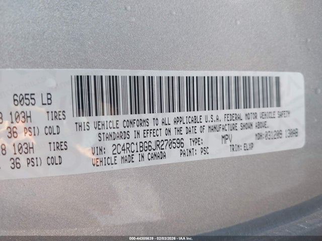 44305639 :رقم المزاد ، 2C4RC1BG6JR270596 vin ، 2018 Chrysler Pacifica Touring L مزاد بيع