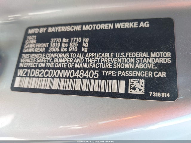 Продаж на аукціоні авто 2022 Toyota Gr Supra 2.0, vin: WZ1DB2C0XNW048405, номер лоту: 44305672