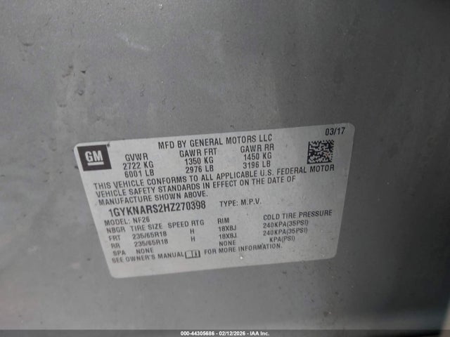 44305686 :رقم المزاد ، 1GYKNARS2HZ270398 vin ، 2017 Cadillac Xt5 Standard مزاد بيع