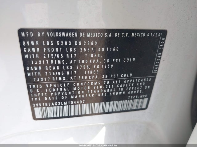 3VV1B7AX3LM104407 Volkswagen Tiguan 2.0t S