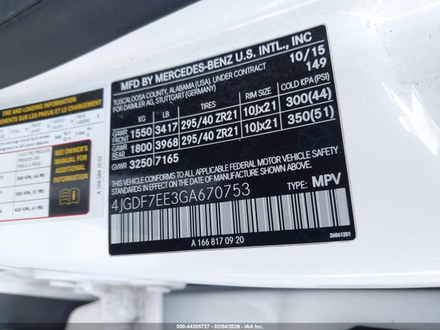44305727 :رقم المزاد ، 4JGDF7EE3GA670753 vin ، 2016 Mercedes-benz Amg Gl 63 4matic مزاد بيع
