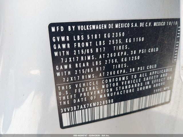 44305747 :رقم المزاد ، 3VV3B7AX7KM028598 vin ، 2019 Volkswagen Tiguan 2.0t Se/2.0t Sel/2.0t Sel R-line/2.0t Sel R-line Black مزاد بيع
