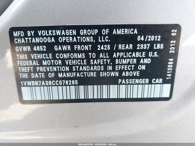 2012 VOLKSWAGEN PASSAT 1VWBN7A38CC076285 Photo 8