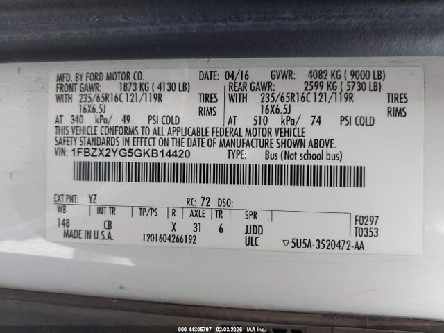 Aukcja sprzedaży 2016 Ford Transit-350 Xlt, vin: 1FBZX2YG5GKB14420, numer aukcji: 44305797
