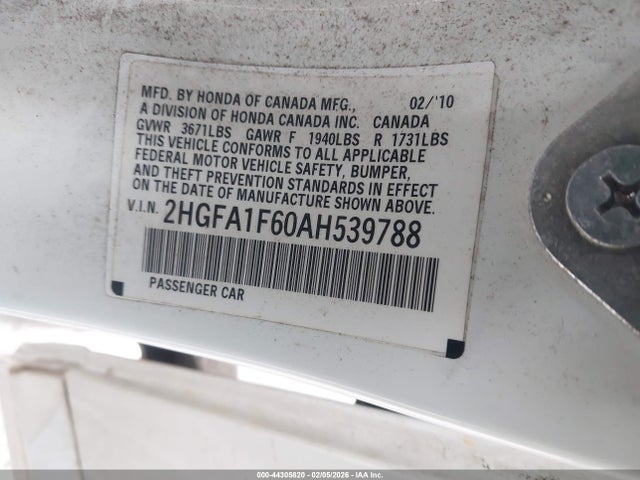 44305820 :رقم المزاد ، 2HGFA1F60AH539788 vin ، 2010 Honda Civic Lx-s مزاد بيع