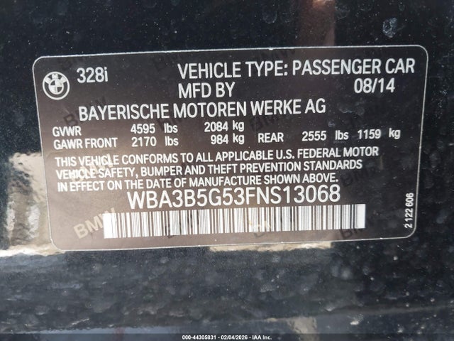 2015 Bmw 328i Xdrive მანქანა იყიდება აუქციონზე, vin: WBA3B5G53FNS13068, აუქციონის ნომერი: 44305831