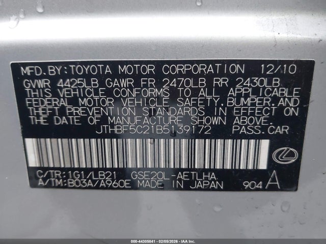 44305841 :رقم المزاد ، JTHBF5C21B5139172 vin ، 2011 Lexus Is 250 مزاد بيع