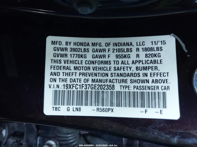 19XFC1F37GE202358 Honda Civic Ex-t