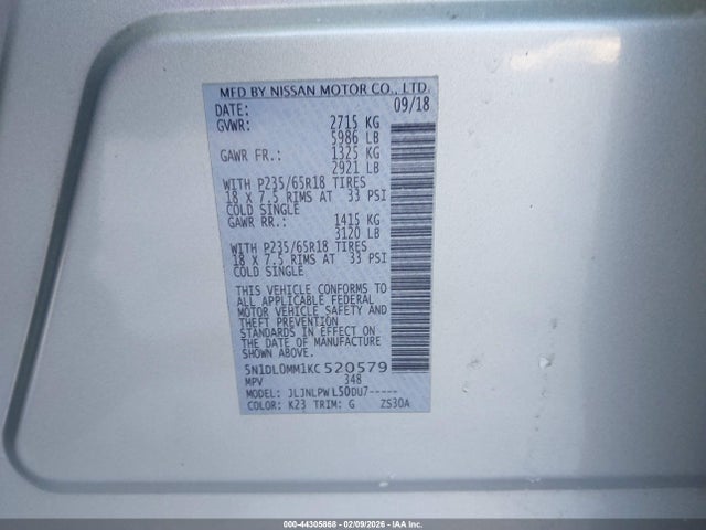 5N1DL0MM1KC520579 Infiniti QX60 PURE