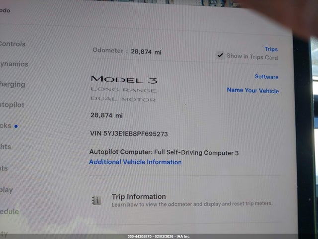 Aukcja sprzedaży 2023 Tesla Model 3 Long Range Dual Motor All-wheel Drive, vin: 5YJ3E1EB8PF695273, numer aukcji: 44305870
