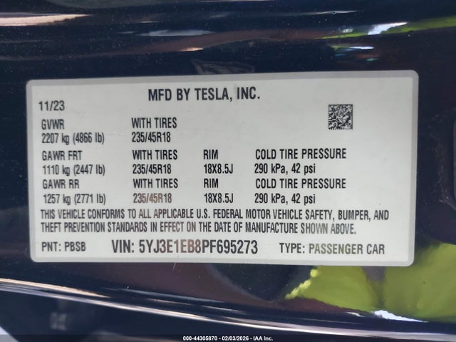 Aukcja sprzedaży 2023 Tesla Model 3 Long Range Dual Motor All-wheel Drive, vin: 5YJ3E1EB8PF695273, numer aukcji: 44305870