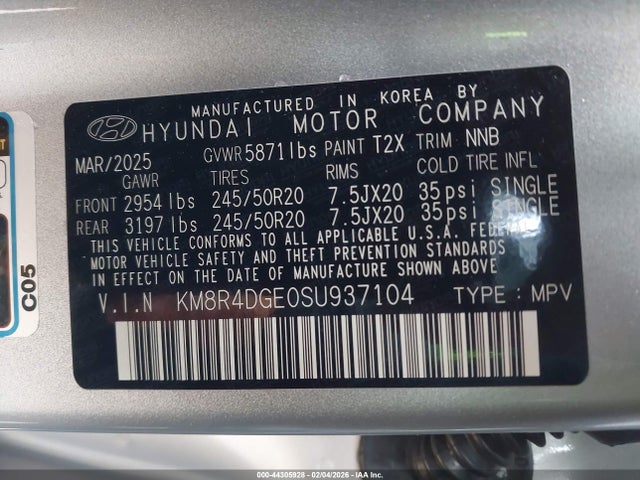 Продажа на аукционе авто 2025 Hyundai Palisade Sel Premium, vin: KM8R4DGE0SU937104, номер лота: 44305928
