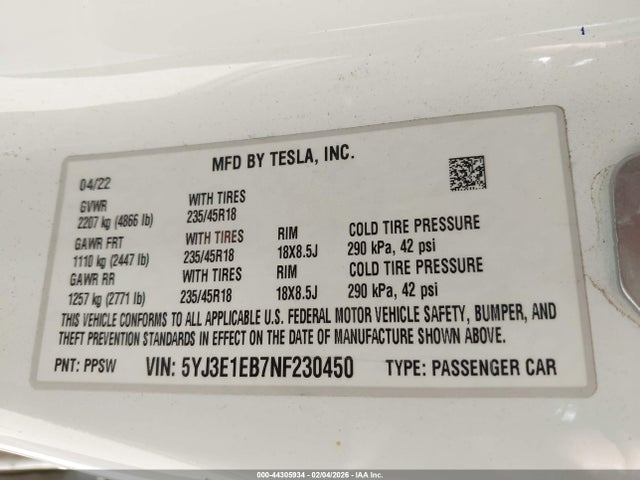 Продажа на аукционе авто 2022 Tesla Model 3 Long Range Dual Motor All-wheel Drive, vin: 5YJ3E1EB7NF230450, номер лота: 44305934