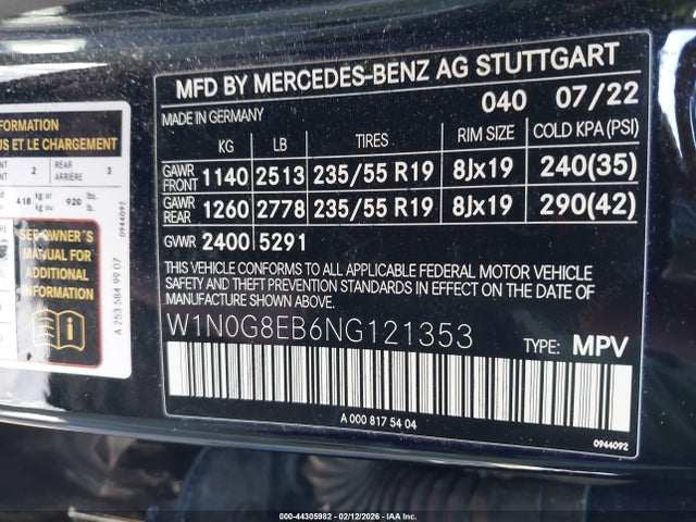 44305982 :رقم المزاد ، W1N0G8EB6NG121353 vin ، 2022 Mercedes-benz Glc 300 4matic Suv مزاد بيع