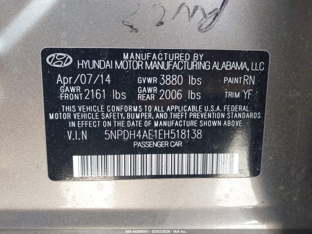 5NPDH4AE1EH518138 Hyundai ELANTRA SE
