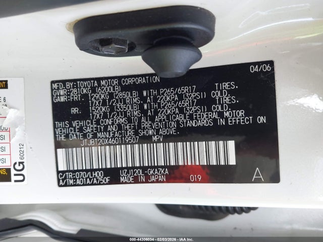 2006 Lexus Gx 470 მანქანა იყიდება აუქციონზე, vin: JTJBT20X460119507, აუქციონის ნომერი: 44306034