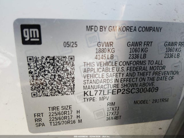 2025 Chevrolet Trax Fwd Ls მანქანა იყიდება აუქციონზე, vin: KL77LFEP2SC300409, აუქციონის ნომერი: 44306036