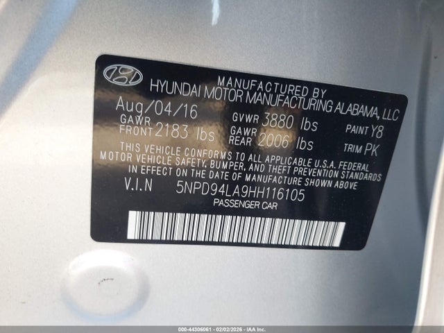 5NPD94LA9HH116105 Hyundai Elantra Eco