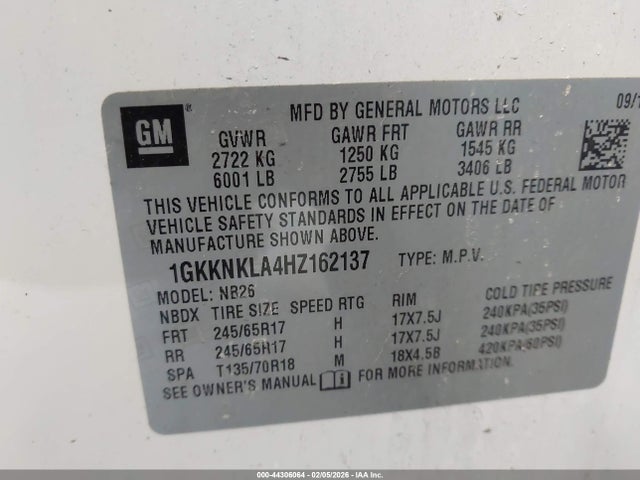 44306064 :رقم المزاد ، 1GKKNKLA4HZ162137 vin ، 2017 Gmc Acadia Sle-1 مزاد بيع