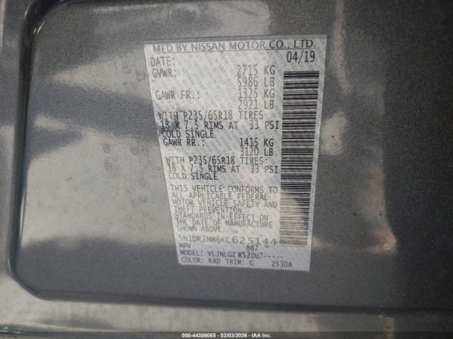 Aukcja sprzedaży 2019 Nissan Pathfinder Sl, vin: 5N1DR2MM6KC625144, numer aukcji: 44306085