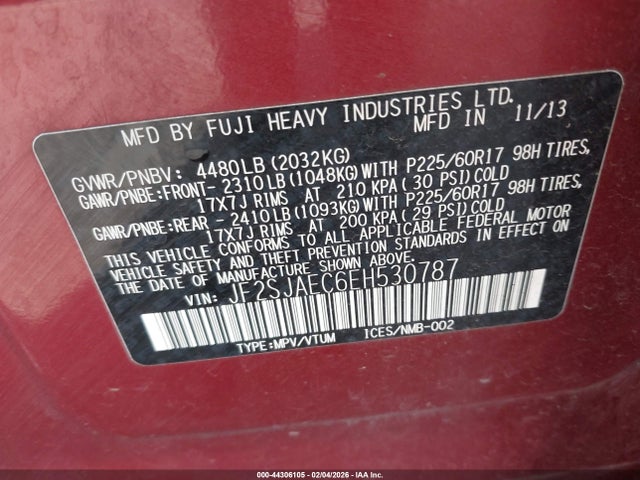 44306105 :رقم المزاد ، JF2SJAEC6EH530787 vin ، 2014 Subaru Forester 2.5i Premium مزاد بيع