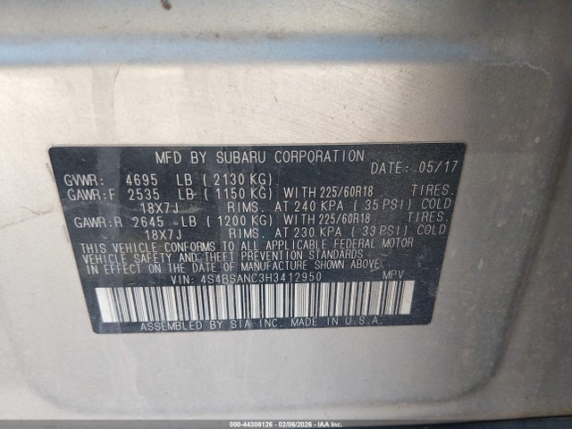 Продажа на аукционе авто 2017 Subaru Outback 2.5i Limited, vin: 4S4BSANC3H3412950, номер лота: 44306126