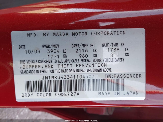 2004 MAZDA MAZDA3 JM1BK343341104507 Photo 8