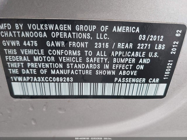 Aukcja sprzedaży 2012 Volkswagen Passat 2.5l S, vin: 1VWAP7A3XCC069263, numer aukcji: 44306180