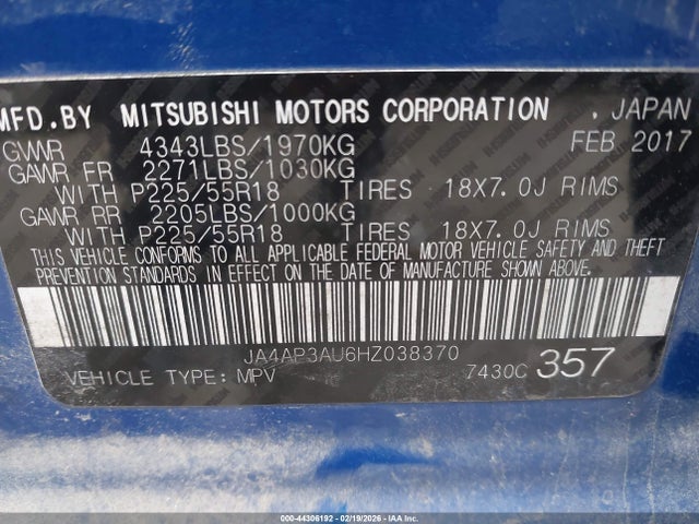 2017 Mitsubishi Outlander Sport 2.0 Es/2.0 Le მანქანა იყიდება აუქციონზე, vin: JA4AP3AU6HZ038370, აუქციონის ნომერი: 44306192