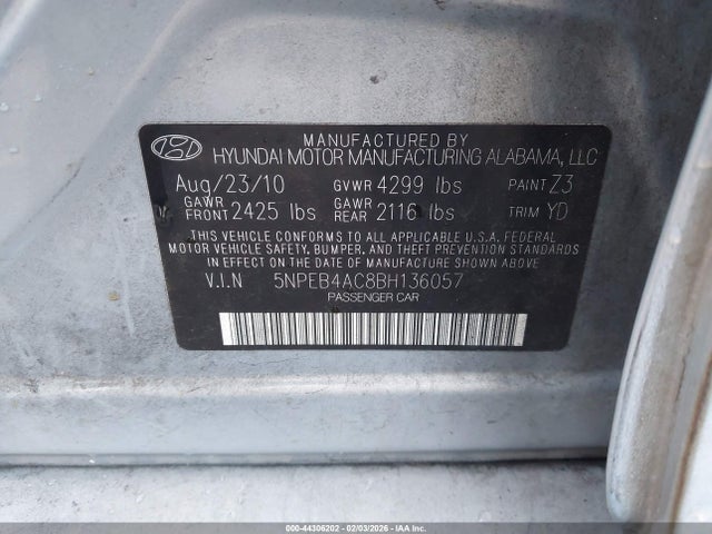 Aukcja sprzedaży 2011 Hyundai Sonata Gls, vin: 5NPEB4AC8BH136057, numer aukcji: 44306202
