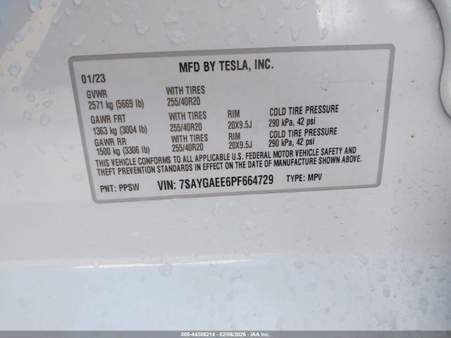 44306214 :رقم المزاد ، 7SAYGAEE6PF664729 vin ، 2023 Tesla Model Y Awd/long Range Dual Motor All-wheel Drive مزاد بيع