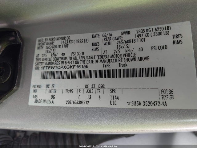 Продаж на аукціоні авто 2016 Ford F-150 Xlt, vin: 1FTEW1CPXGKF16156, номер лоту: 44306225