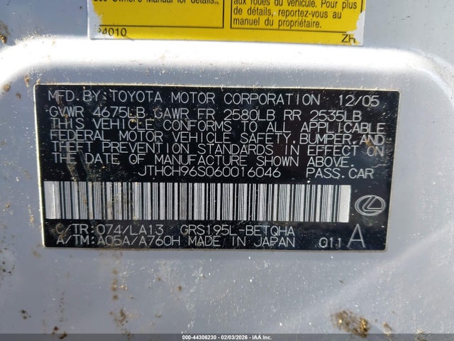 Продаж на аукціоні авто 2006 Lexus Gs 300, vin: JTHCH96S060016046, номер лоту: 44306230