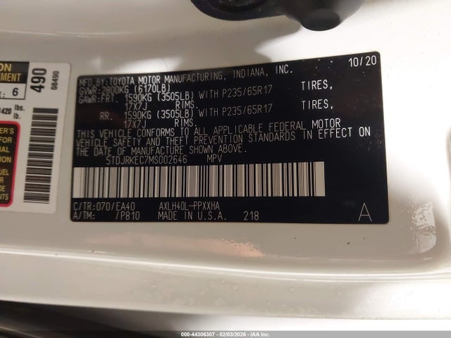 5TDJRKEC7MS002646 Toyota SIENNA XLE