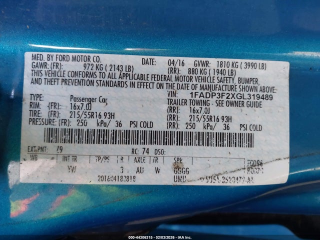 Ford FOCUS SE 2016 1FADP3F2XGL319489 Image 9